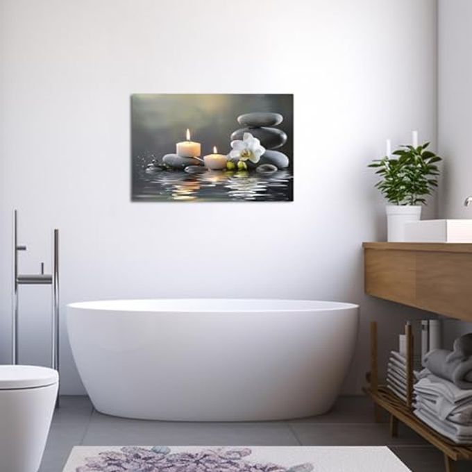 PBXBJY Bathroom Wall Art Orchid Flower with Black Zen Stone Pictures SPA Candle Picture Prints Still Life Canvas Painting for Meditation Spiritual Room Decor (White, (16.00" x 24.00")) - Image 3