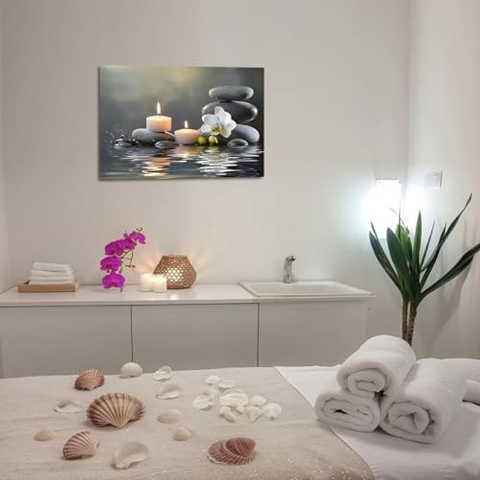 PBXBJY Bathroom Wall Art Orchid Flower with Black Zen Stone Pictures SPA Candle Picture Prints Still Life Canvas Painting for Meditation Spiritual Room Decor (White, (16.00" x 24.00")) - Image 2