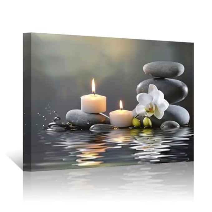 PBXBJY Bathroom Wall Art Orchid Flower with Black Zen Stone Pictures SPA Candle Picture Prints Still Life Canvas Painting for Meditation Spiritual Room Decor (White, (16.00" x 24.00")) - Image 4