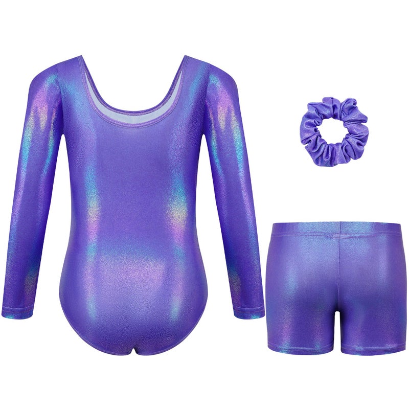 Gogokids Gymnastics Leotards for Girls Long Sleeve Sparkly Rhinestone Dance Unitards Biketards with Shorts, D-purple, 6-7 Years - Image 2