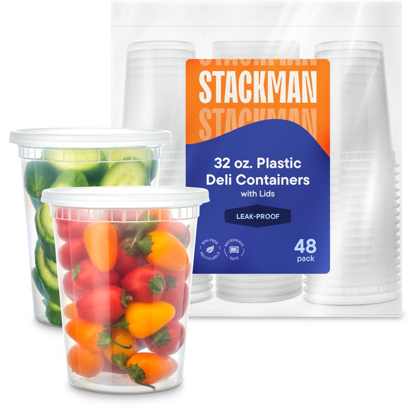 Stack Man Soup Containers with Lids [48 Sets -32 oz.] Quart Plastic Deli Container - Deli Food Storage Containers with Airtight Lids for Freezer & Restaurant Takeout - Image 1