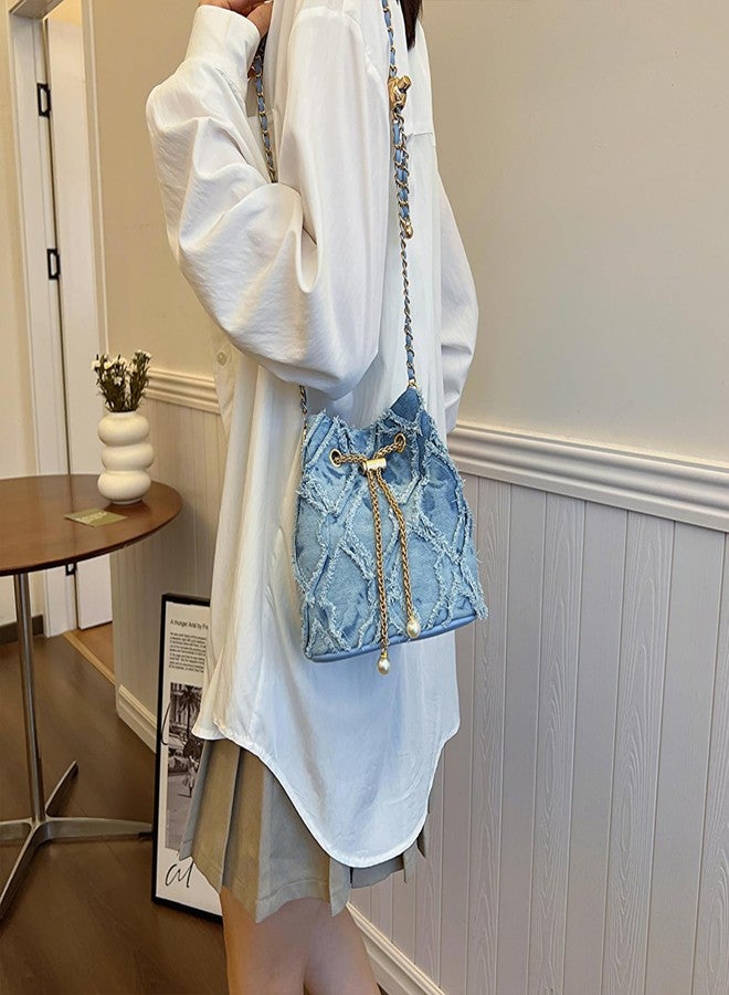 Extolove Denim Bucket Bag, Jean Purses for Women Denim Crossbody Bags Hobo Bag Drawstring Handbag, Blue - Image 3
