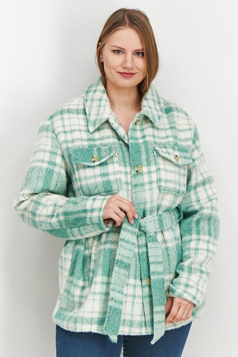 NA-KD جاكيت نسائي مزود بأزرار وبتصميم مربعات، أخضر فاتح - Image 1