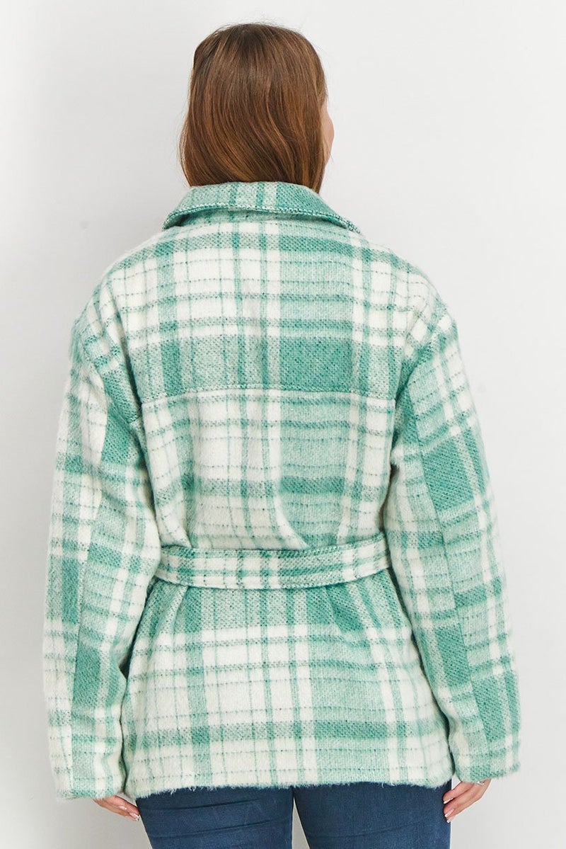 NA-KD جاكيت نسائي مزود بأزرار وبتصميم مربعات، أخضر فاتح - Image 3