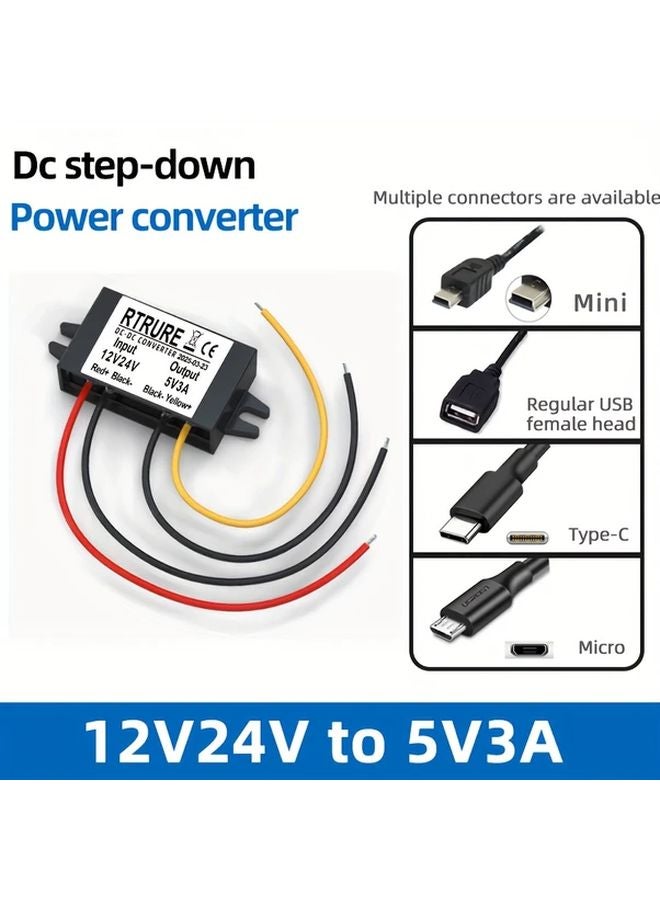 12V24V To 5V3A Car Power Converter USB C And Micro USB Adapter Compact Design - Image 2