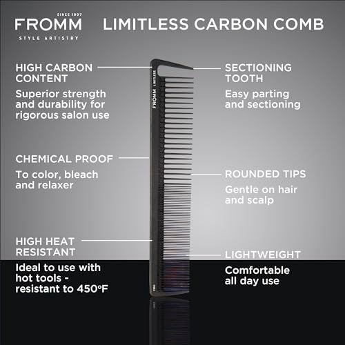 Fromm Limitless 7.5" Carbon Basin Comb with Rounded Tips and Sectioning Tooth for Cutting, Sectioning, Styling, and Detangling, Heat Resistant to 450°F - Image 2
