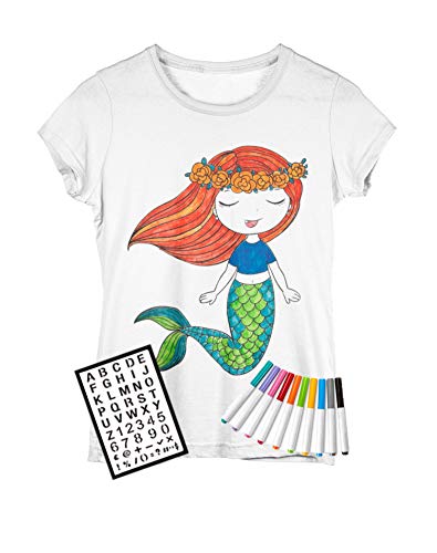 DaVinci in You Coloring Shirt for Girls - Kit with 10 Fabric Markers and Alphabet Stencil (Mermaid, 8/9) - Image 1