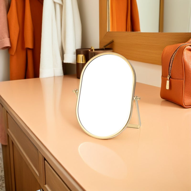 Vanity Desk Table Mirror: Makeup Mirror With Stand - Adjustable Rotation & Golden Metal Frame For Living Room Bedroom Tabletop Bathroom Decor - Image 2