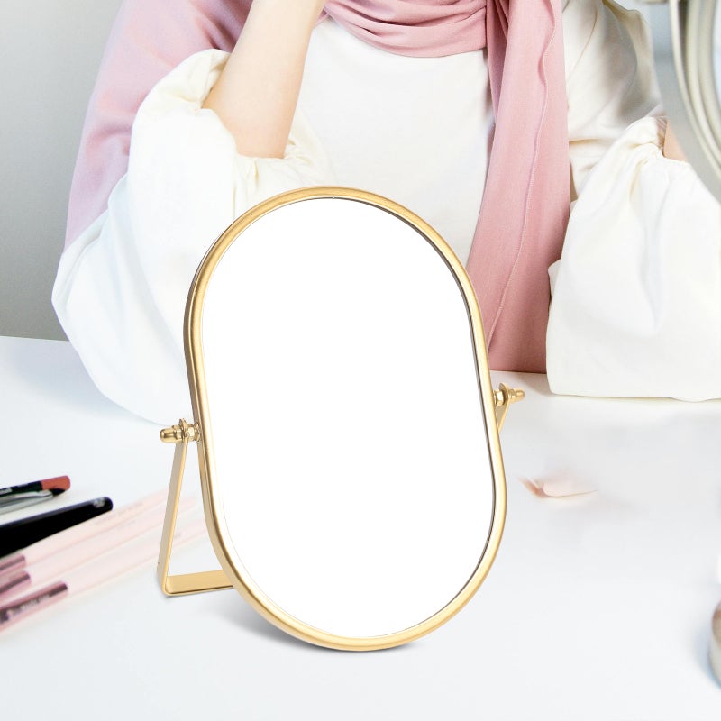 Vanity Desk Table Mirror: Makeup Mirror With Stand - Adjustable Rotation & Golden Metal Frame For Living Room Bedroom Tabletop Bathroom Decor - Image 1