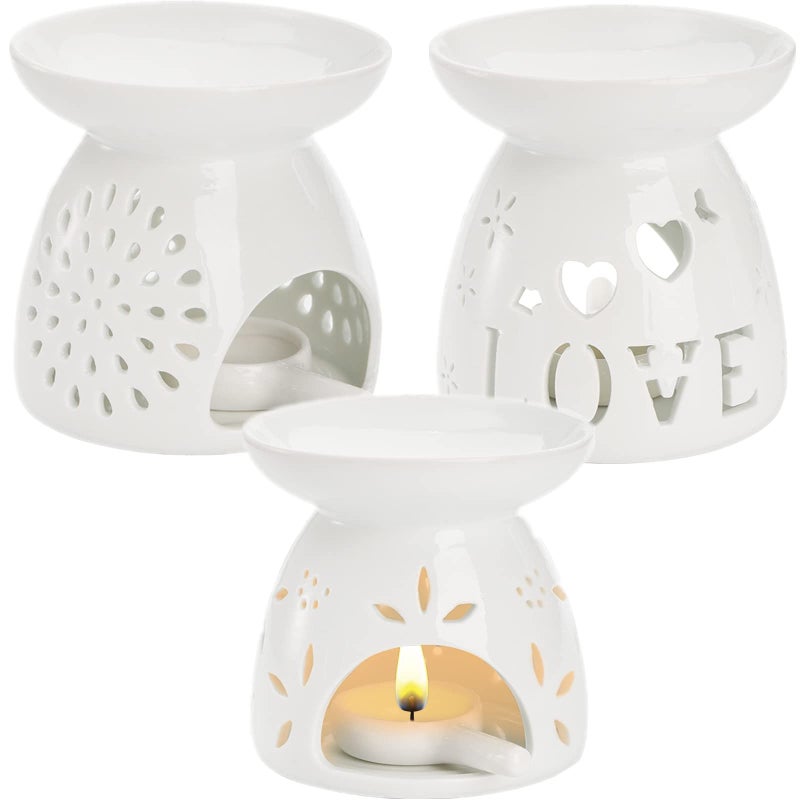 ZOOFOX 3 Pack Ceramic Essential Oil Burner Tealight Wax Warmer with Candle Spoon Aromatherapy Essential Tealight Candle Holder for Home Bedroom Decor Christmas Housewarming Gift