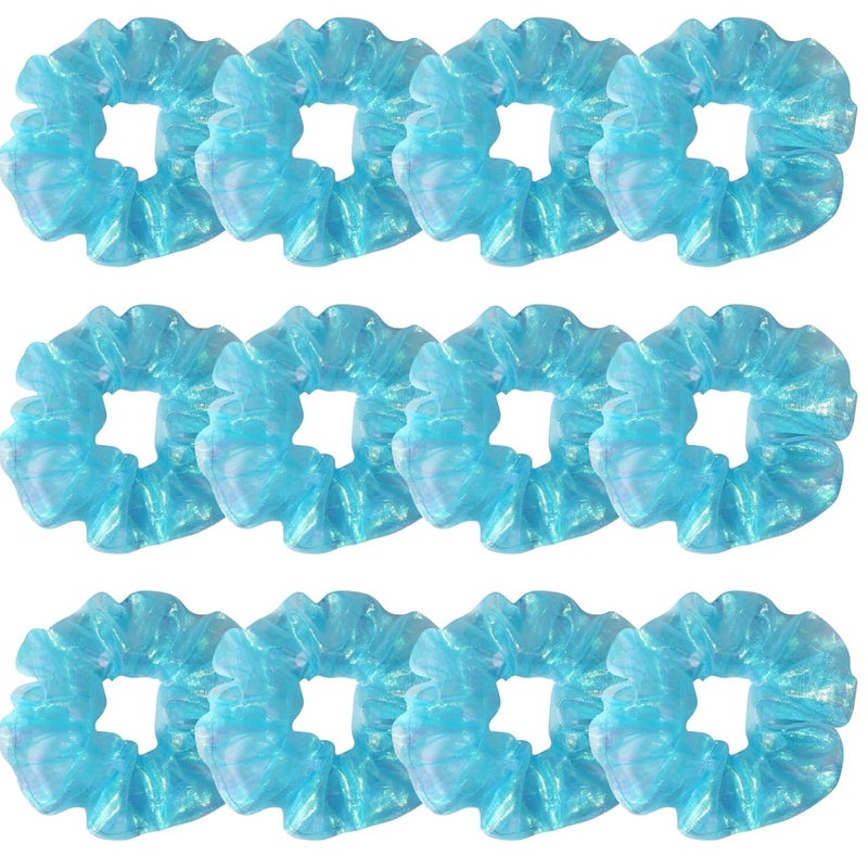 KOOMAGIC 12 Pcs Shiny Mermaid Dance Cheer Organza Hair Scrunchies For Thick Hair School PerformanceSportsPartyGymnastics Silky Scrunchie Ponytail Holder Wrist for Girls Cosplay Show Blue