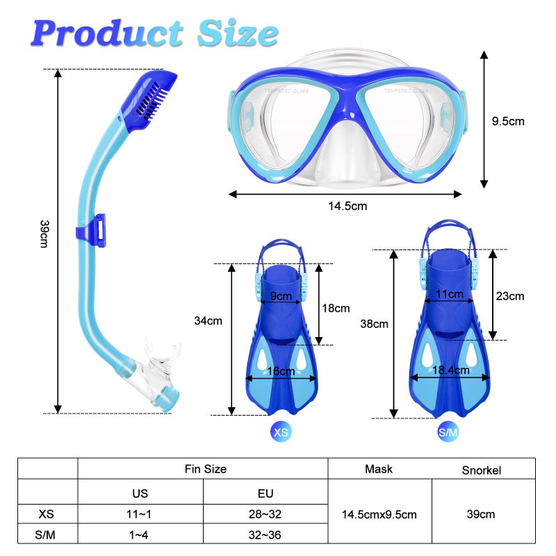 ACQCES Snorkeling Gear for Kids Ages 5-15, 4 in 1 Mask Fins Snorkel Set with HD Tempered Glass Panoramic View Anti-Fog Mask, Dry Top Snorkel, Adjustable Trek Fins, and Mesh Bag, Kids Snorkel Set for Youth - Image 2