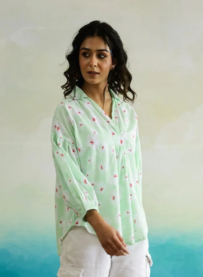 sanskrutihomes Sanskrutihomes All-Over Floral Print Balloon Sleeve Cotton Top