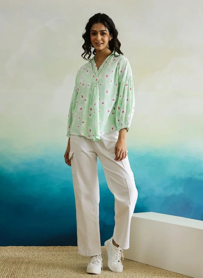 sanskrutihomes Sanskrutihomes All-Over Floral Print Balloon Sleeve Cotton Top
