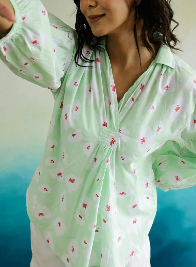 sanskrutihomes Sanskrutihomes All-Over Floral Print Balloon Sleeve Cotton Top