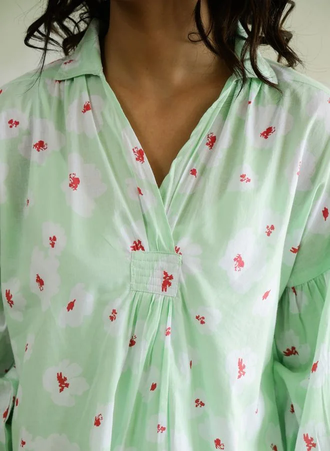 sanskrutihomes Sanskrutihomes All-Over Floral Print Balloon Sleeve Cotton Top