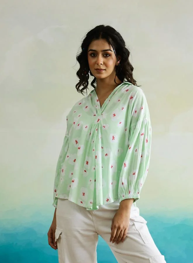 sanskrutihomes Sanskrutihomes All-Over Floral Print Balloon Sleeve Cotton Top