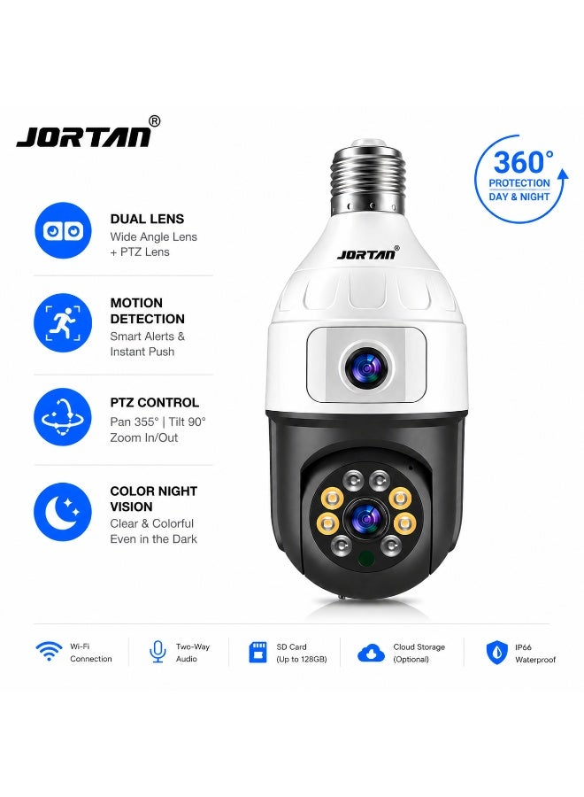 Jortan 4MP WIFI Dual lens Bulb Camera, IP44, Full Color Night Vision, 2 Way Audio, Motion Detection, Motion Tracking, PTZ Control, 24/7 Recording - Image 1