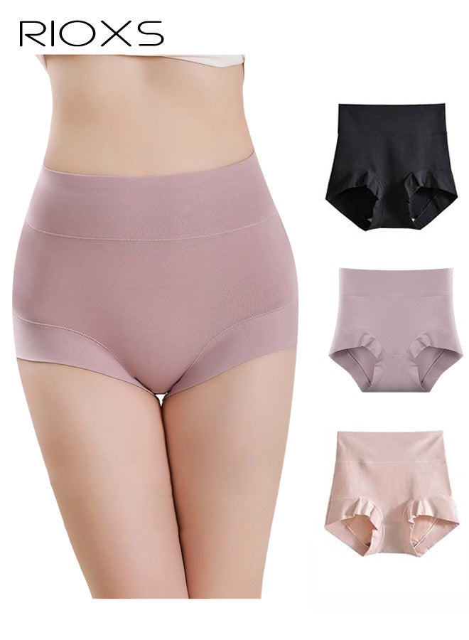 ريوكس مجموعة من 3 قطع ملابس داخلية نسائية عالية الخصر، سراويل داخلية ناعمة وجيدة التهوية بتغطية كاملة، سراويل داخلية مريحة وقابلة للتمدد (مقاس عادي وكبير)، أرجواني + وردي + أسود - Image 1