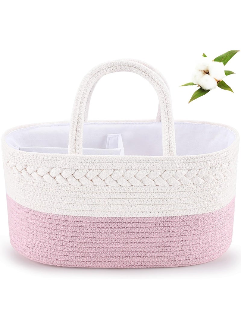 ABenkle Diaper Caddy Organizer - Cotton Rope Nursery Storage Basket for Baby Essentials, Boys & Girls Shower Gift, Changing Table Organizer, Pink - Image 1