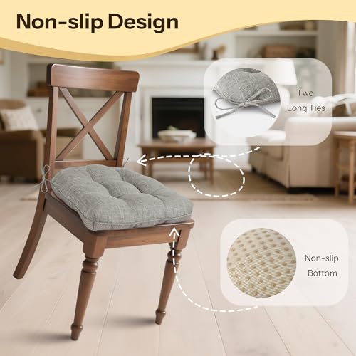 FlyGulls Non Slip Chair Cushions for Dining Chairs Set of 4 Kitchen Chair Cushions 18"x18"x3" Turfted Chair Pads Comfortable and Soft Seat Cushion with Ties, Light Grey - Image 4