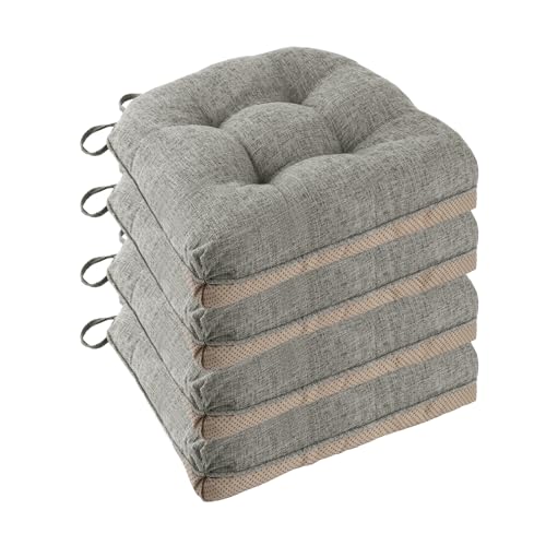 FlyGulls Non Slip Chair Cushions for Dining Chairs Set of 4 Kitchen Chair Cushions 18"x18"x3" Turfted Chair Pads Comfortable and Soft Seat Cushion with Ties, Light Grey - Image 1