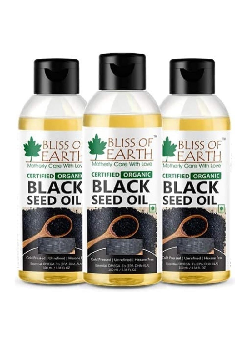 BLISS OF EARTH Certified Organic Black Seed Oil | Kalonji Oil | 100ML | Great For Hair Health | Cold Pressed | Unrefined | Hexane Free |  Pack of 3  - Image 1