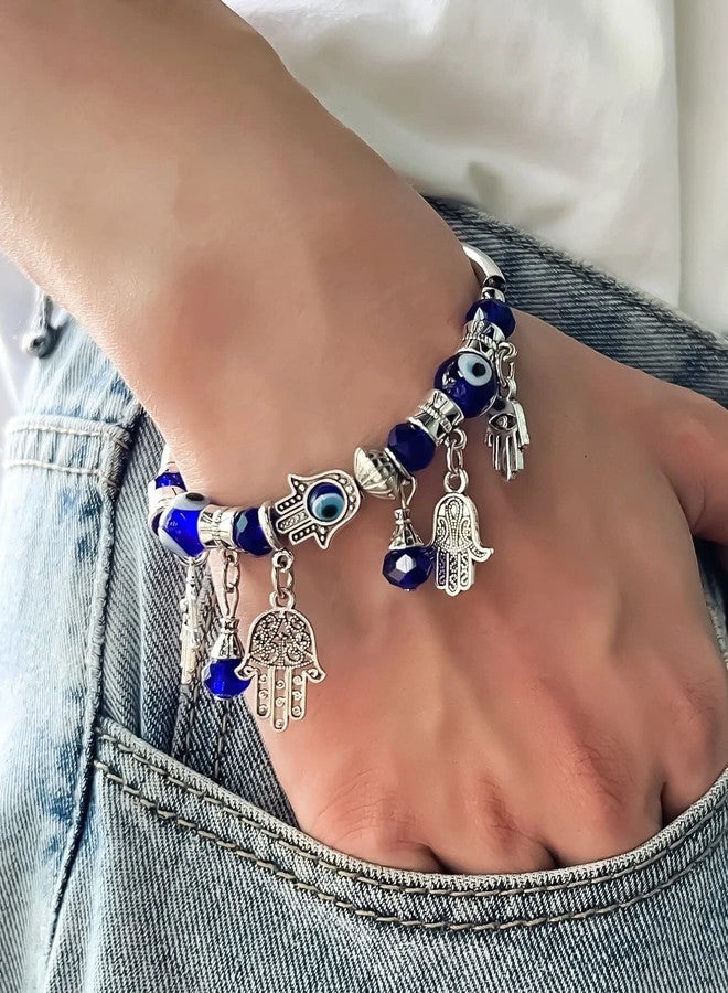 VIEN® Blue Beads Evil Eyes Bracelet Hamsa Hand of Fatima Lucky Charm Bracelet - Image 2