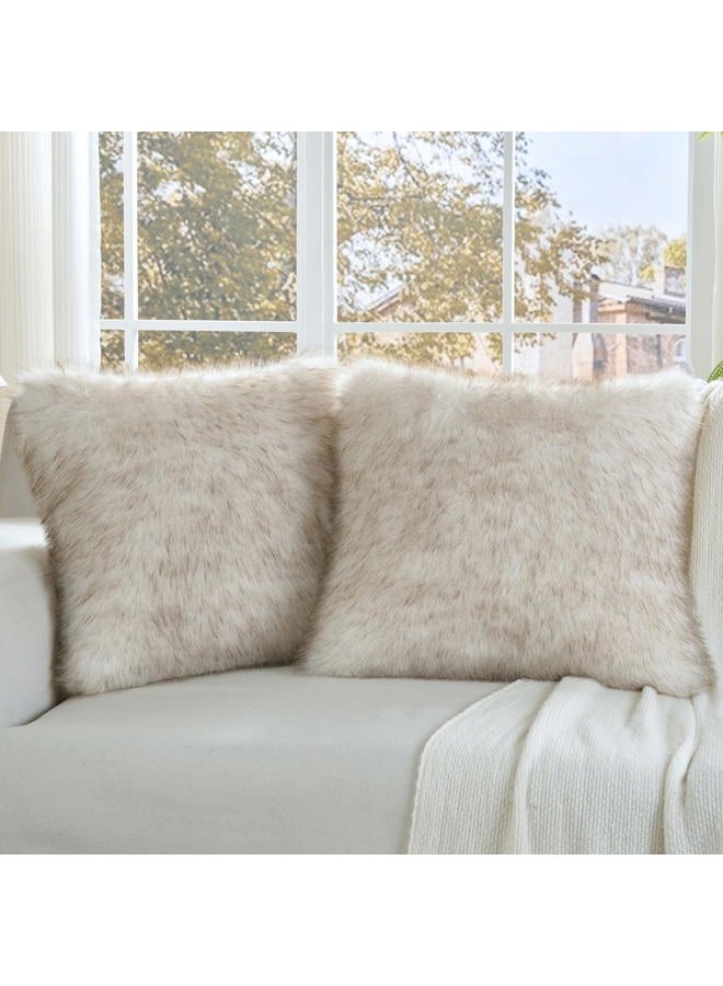 FUTEI Coffee White Decorative Throw Pillow Covers 18x18 Inch Set of 2,Soft Fluffy Faux Fox Fur Textured Cushion Case,Modern Home Decor for Couch Living Room - Image 1