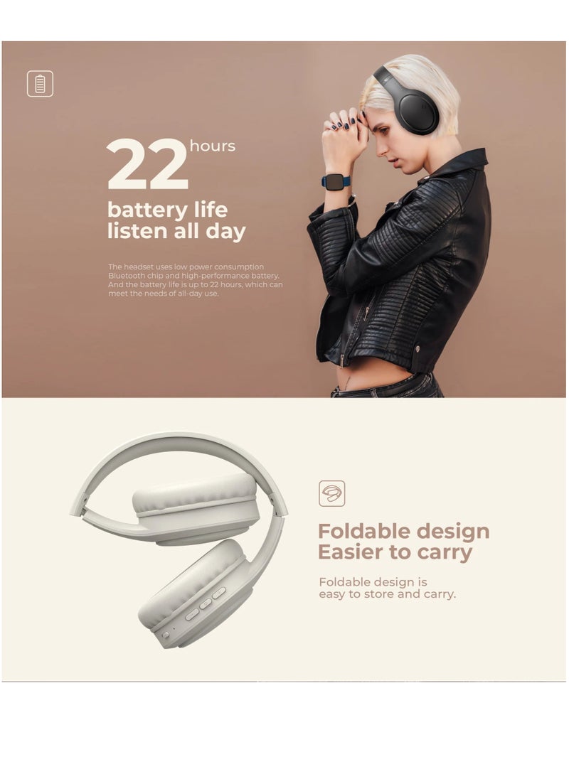 Over-Ear Wireless Headset, Bluetooth Headphone, 40mm Dynamic Drivers for Powerful Bass, Stereo Sound Quality, Foldable Design, 22-Hours Battery Life, and Aux Wired Option for Versatile Listening and Extended Audio Experience- Beige
