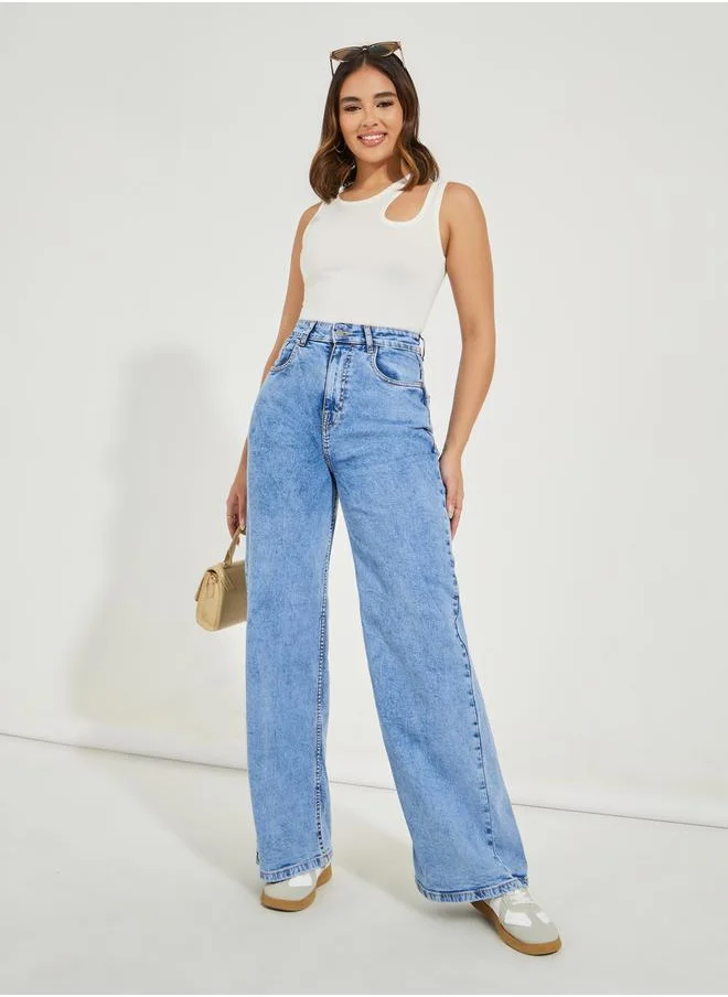 Styli High Rise Light Wash Wide Leg Jeans