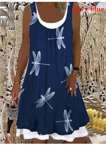Generic - 1 x 5 pcs Elegant Casual Womens Clothing Spring 2021 Round Neck A- line Dress Sleeveless Vest Style Skirt Navy blue - Image 1