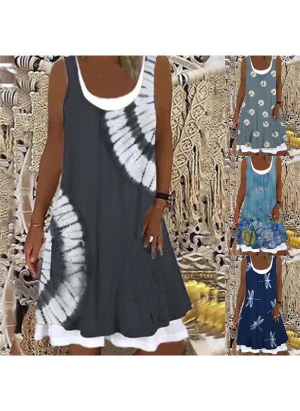 Generic - 1 x 5 pcs Elegant Casual Womens Clothing Spring 2021 Round Neck A- line Dress Sleeveless Vest Style Skirt Navy blue - Image 1