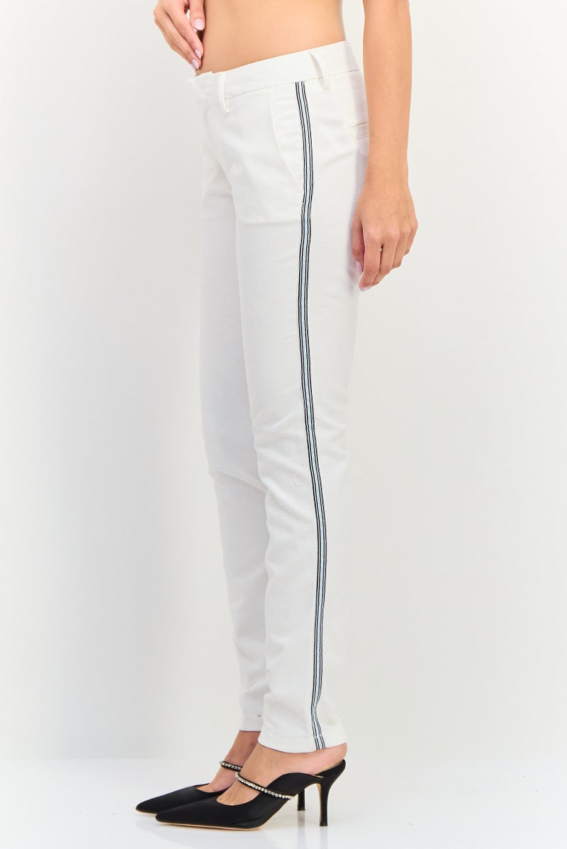 Reiko Women Cigarette Fit Grid Pattern Straight Leg Pants, White - Image 2