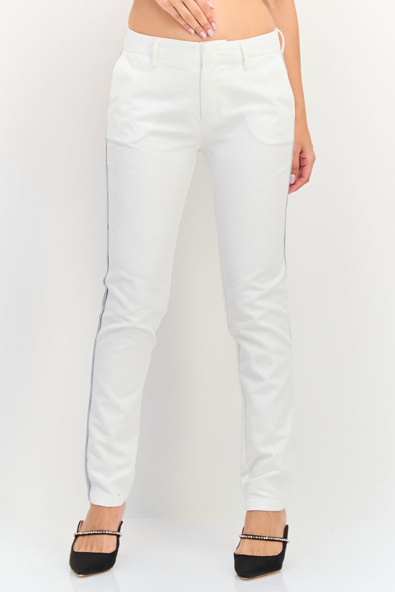 Reiko Women Cigarette Fit Grid Pattern Straight Leg Pants, White - Image 1