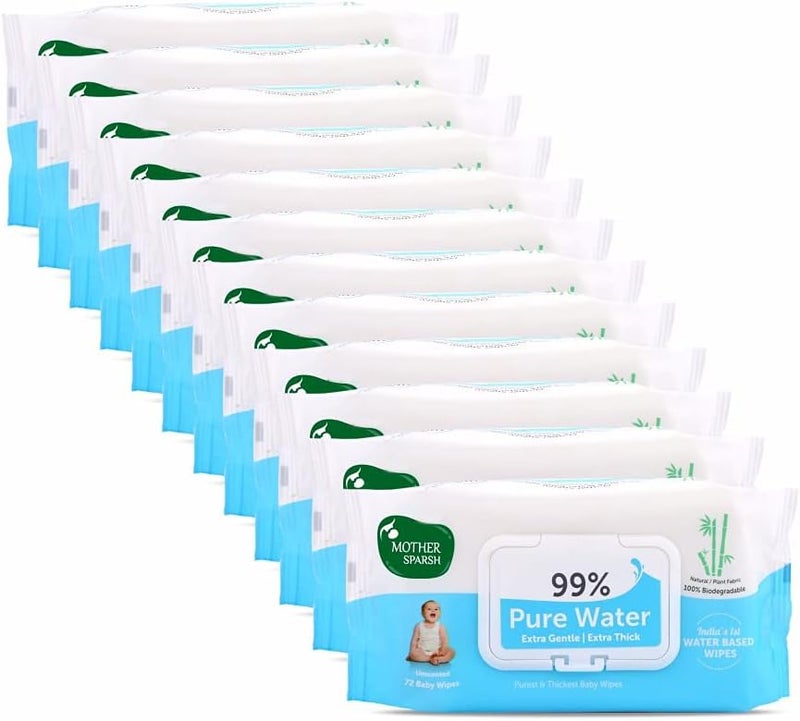 Mother Sparsh 99% Pure Water Baby Wipes - Extra Gentle & Thick - 72 Wipes per Pack, Pack of 12 - Image 1