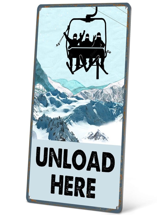 HYBLOM Vintage Unload Here Metal Sign - Ski Decor, Skiing Party Decorations for Chalet, Lodge, Apres Ski, Ski Resort Wall Art, Aluminum 12x8 Inch - Image 1