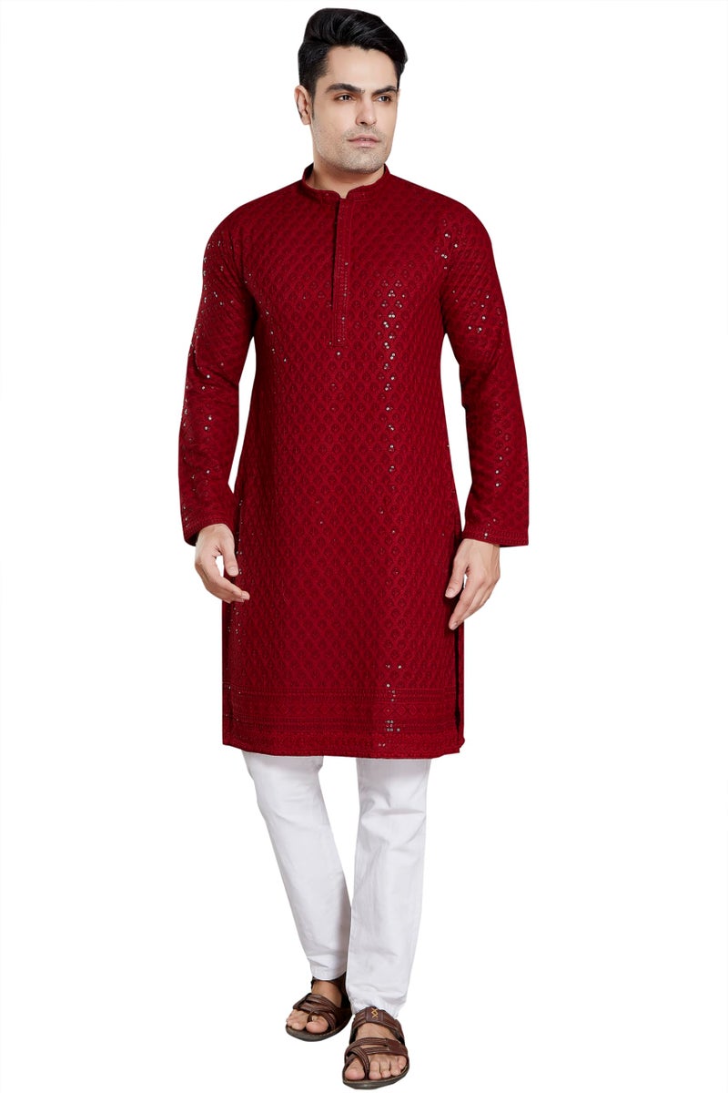 DIVISIVE Men's Sequince Embroidered Cotton Blend Only Kurta (DKRT6_L_Red) - Image 2