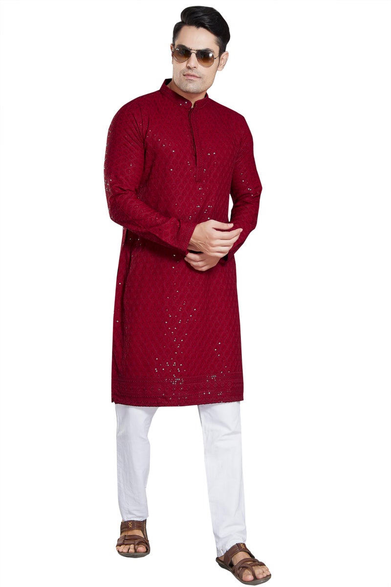 DIVISIVE Men's Sequince Embroidered Cotton Blend Only Kurta (DKRT6_L_Red) - Image 4
