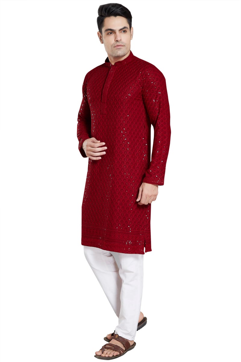 DIVISIVE Men's Sequince Embroidered Cotton Blend Only Kurta (DKRT6_L_Red) - Image 3