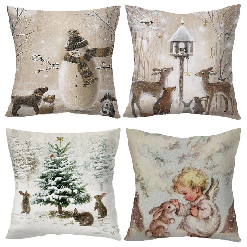 F Finerease Decorative Throw Pillow Cover Christmas - 18 x 18 Inch Animal Snowman Rabbit Deer Silver Xmas Cushion Case - Set of 4 Square Pillowslip  Gift for Sofa  Patio  bedroom Decor (Hellote Xmas  18""x18"") - Image 1