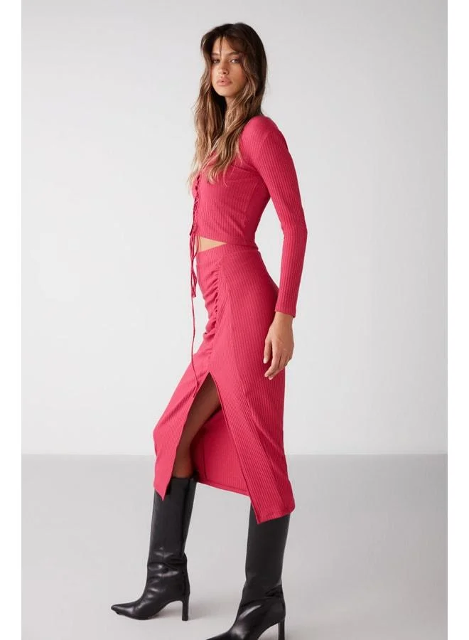 Ethiquet Anastacia Women's Pleated Elastic Fabric Draped Ruffled Asymmetric Slit Body-Hugging Fuchsia Skirt.