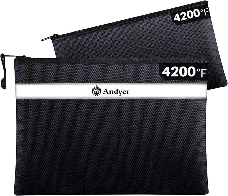 Andyer Fireproof Document Bag with Money Bag - 2 Pack 13.4" x 10" and 11" x 6" Waterproof Fireproof Money Bag for Cash, Small Fireproof Safe Pouch, Fire Proof Bag for Documents/Valuables with Zipper - Image 1