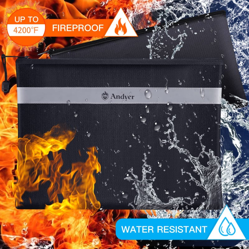 Andyer Fireproof Document Bag with Money Bag - 2 Pack 13.4" x 10" and 11" x 6" Waterproof Fireproof Money Bag for Cash, Small Fireproof Safe Pouch, Fire Proof Bag for Documents/Valuables with Zipper - Image 2