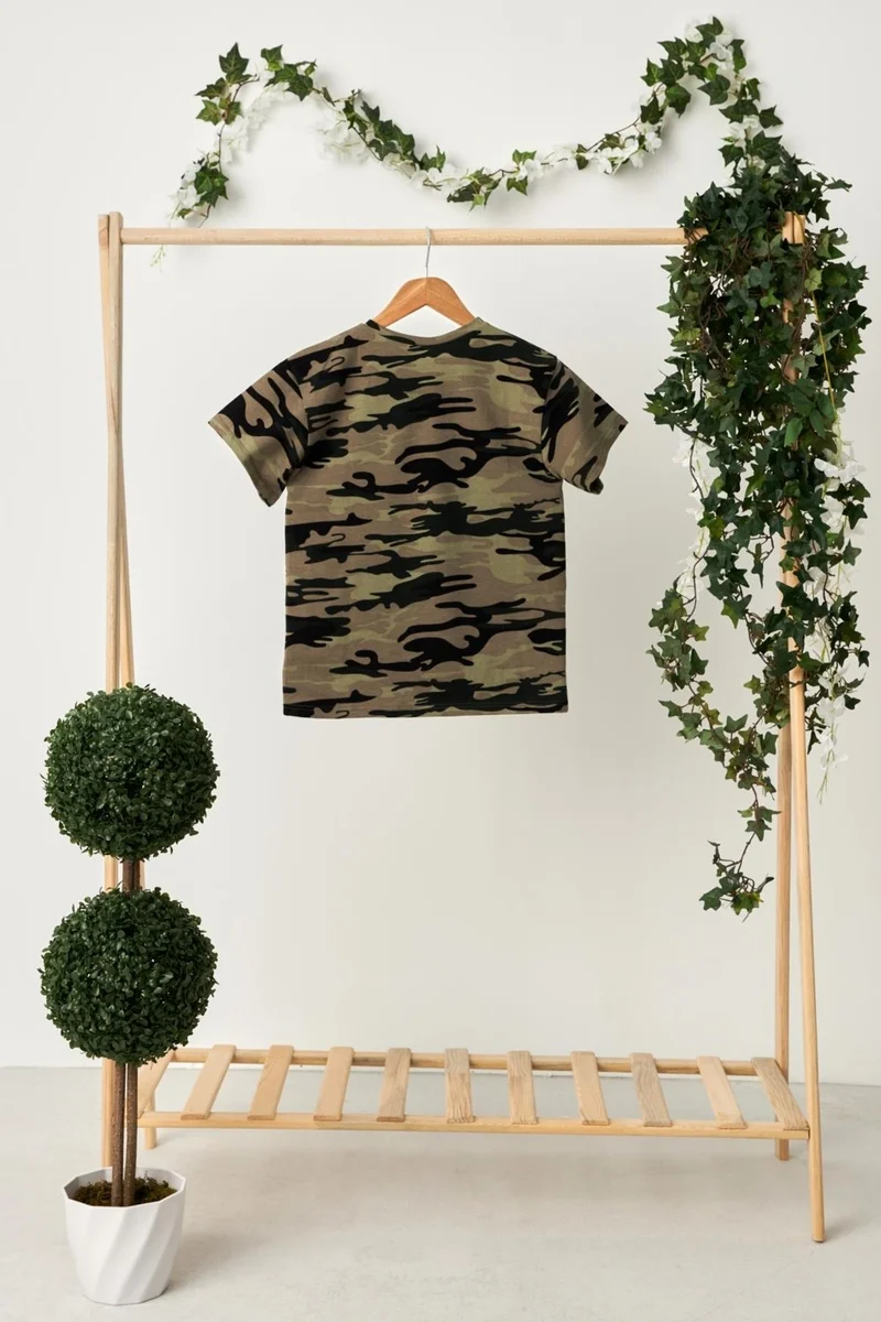 بيبيجيز Camouflage Boy's Short Sleeve Patterned Crew Neck Anti-Sweat, Soft Comfortable 100% Cotton Combed Cotton T-Shirt