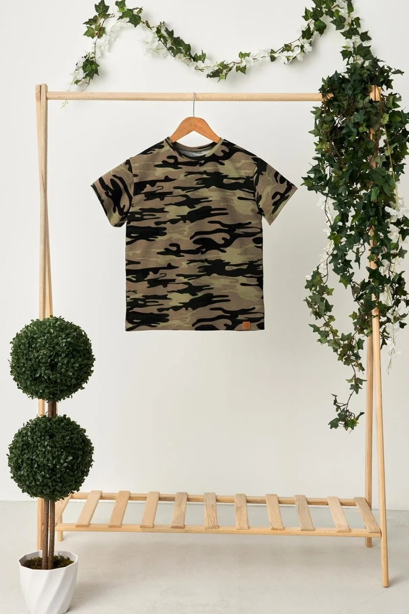 بيبيجيز Camouflage Boy's Short Sleeve Patterned Crew Neck Anti-Sweat, Soft Comfortable 100% Cotton Combed Cotton T-Shirt