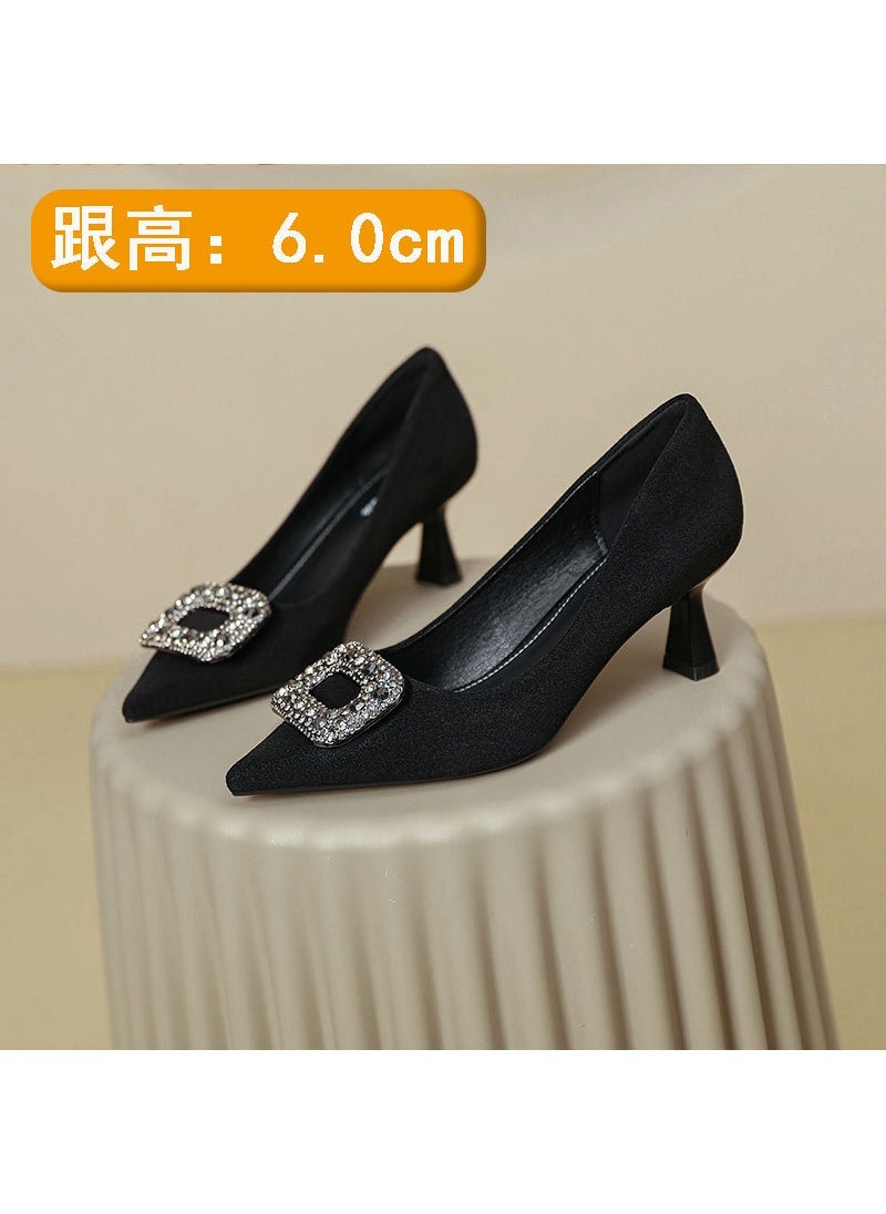 2024 Pointed Rhinestone Buckle Stilettos Black Velvet Black 6cm