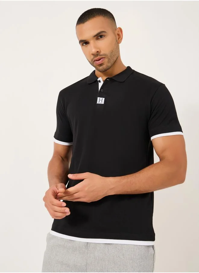 Styli Minimal Print Relaxed Fit Polo T-Shirt with Contrast Placket