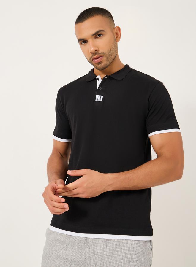 Styli Minimal Print Relaxed Fit Polo T-Shirt with Contrast Placket  - Image 1
