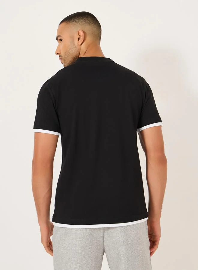 Styli Minimal Print Relaxed Fit Polo T-Shirt with Contrast Placket